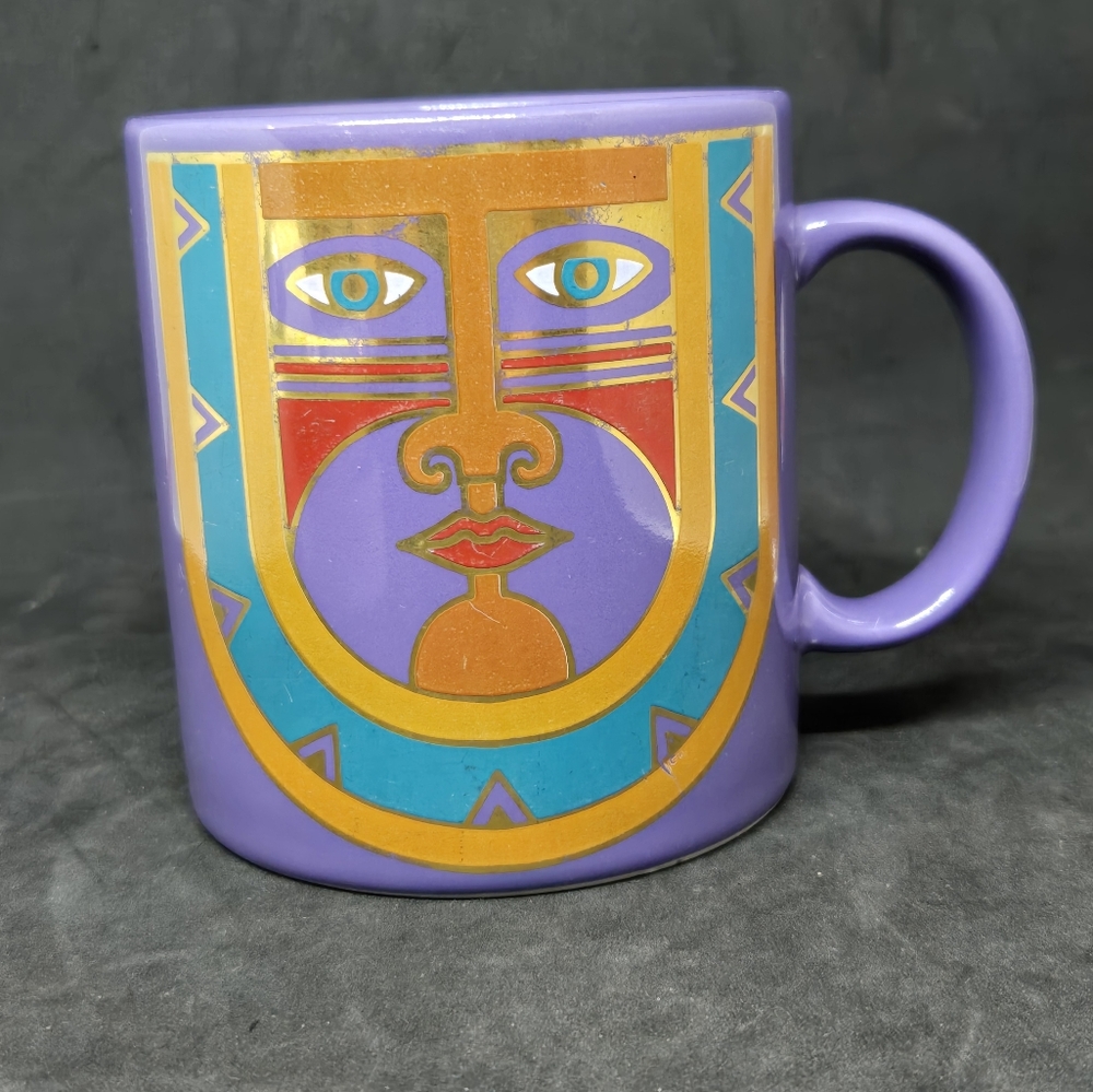 Vtg Laurel Burch Kubera Tribal Mask Purple Mug